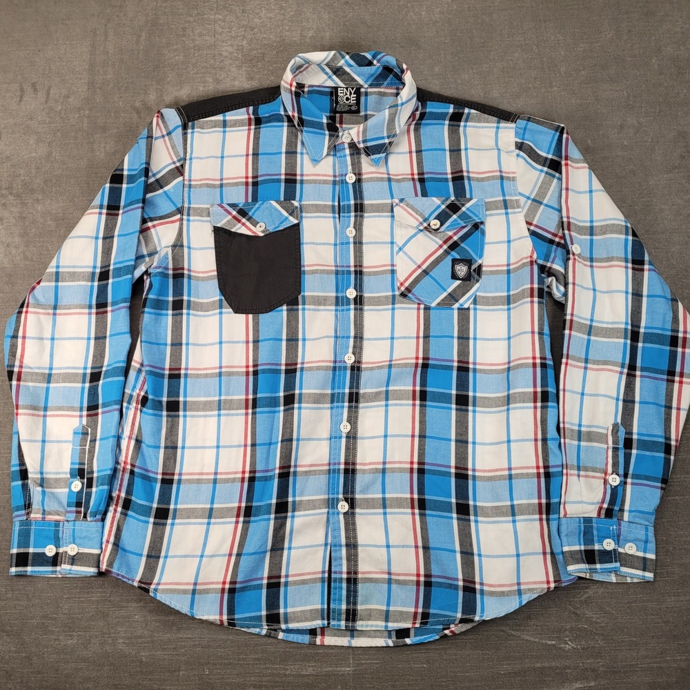 Enyce Mens XL Blue White Plaid Button Down Shirt Colorblock Y2K Streetwear NYC